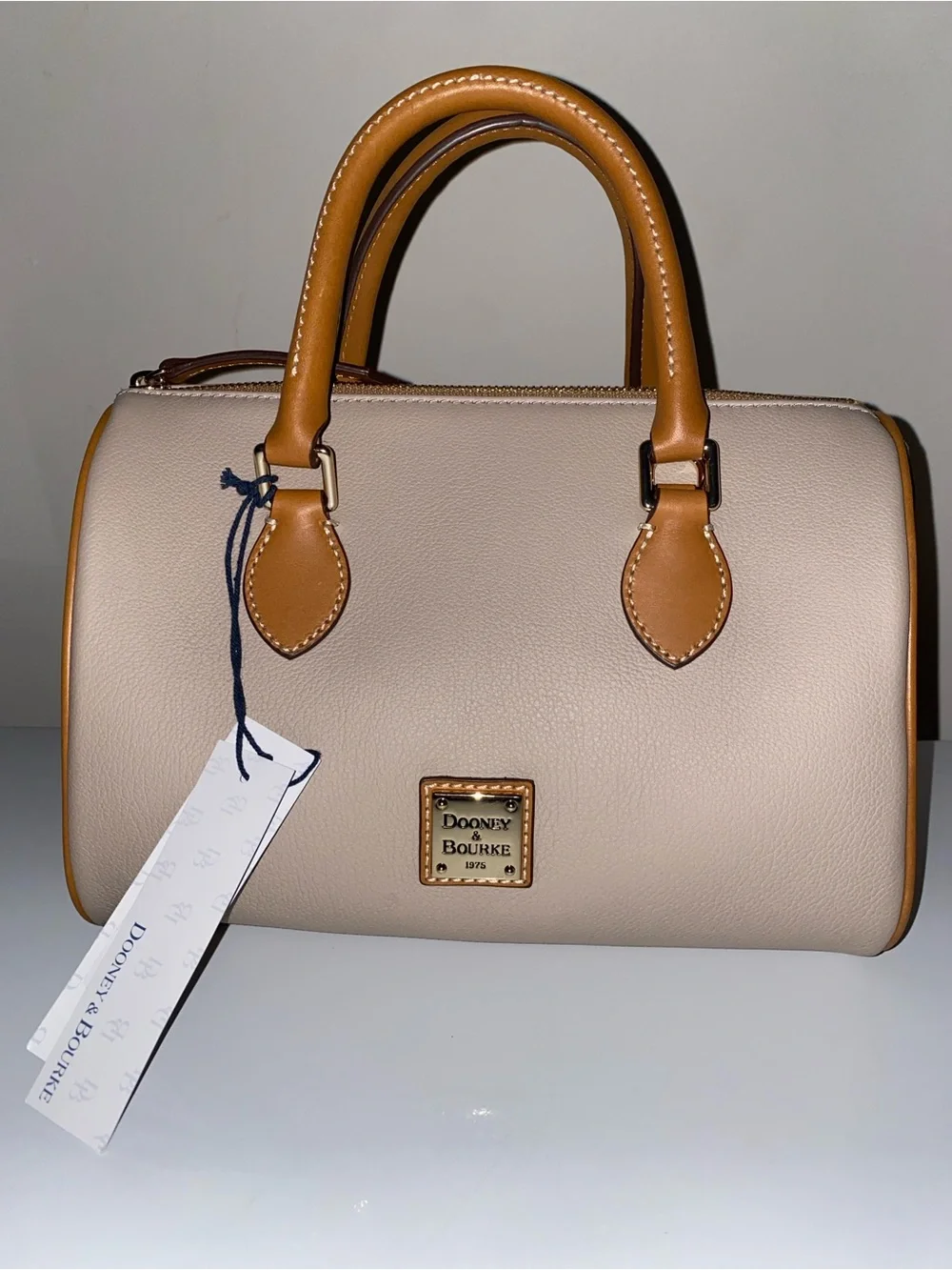 Dooney & Bourke Light Beige Satchel with Tan Trim Barrel 25